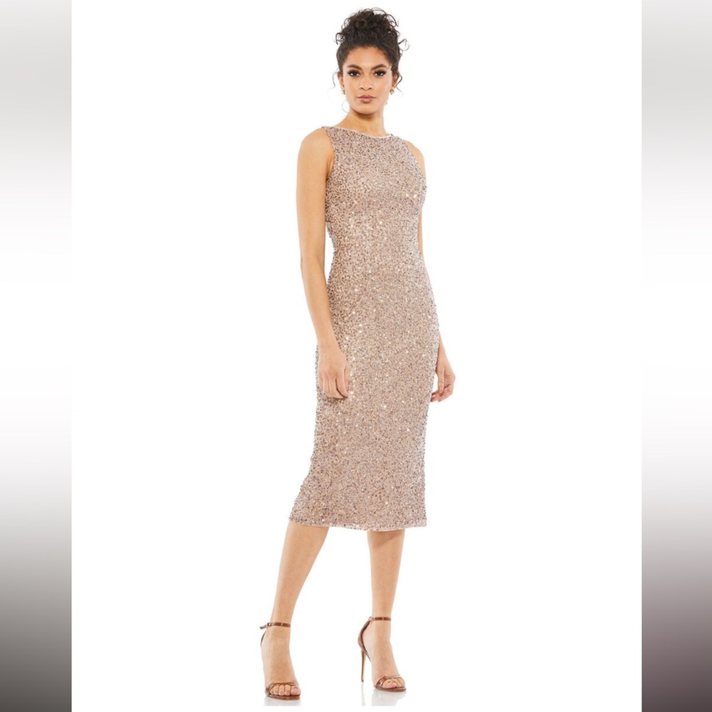 Mac Duggal 5526 Rosewood Rose Gold Sequin Jewel Neck Tea Length Dress NWT 12 - Picture 9 of 14